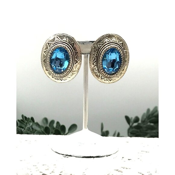 Vintage Blue Crystal Silver-Tone Clip-On Earrings - Picture 3 of 7